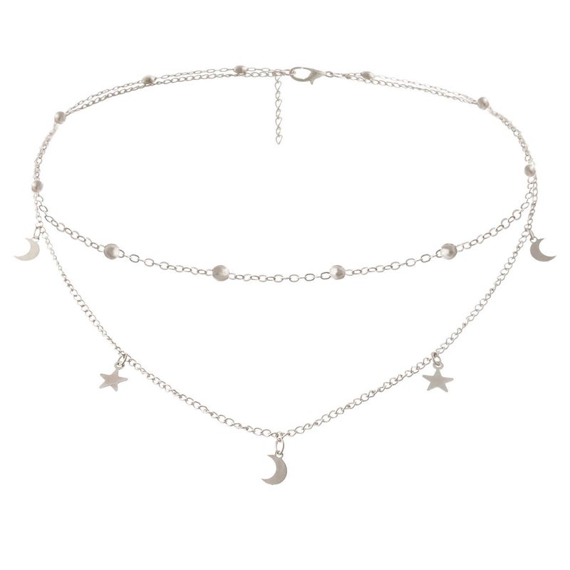 BaubleStar Fashion Layering Star Moon Charm Pendant Tassel Necklace Silver Chain Choker Collar Multi Layered Statement Jewelry Women - Image 1